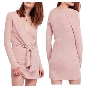 Free People Pink‎ Knit Tie Front Sweater Dress - Size S Minimalist Indie Fall